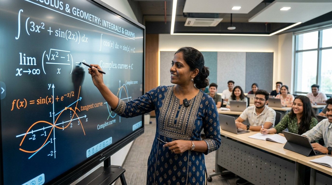 Princy Ma'am teaching mathematics on interactive smartboard